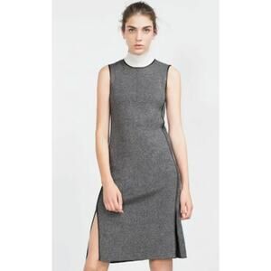 Zara Knit Heather Gray Round Neck Faux Leather Trim Dress sz S